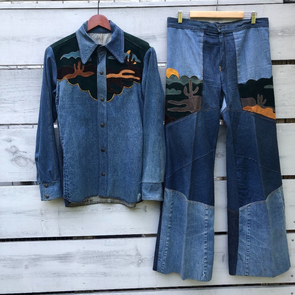 Antonio Giuseppe Vintage 1976 One-of-A-Kind Denim & Leather Suit Hippie Rare